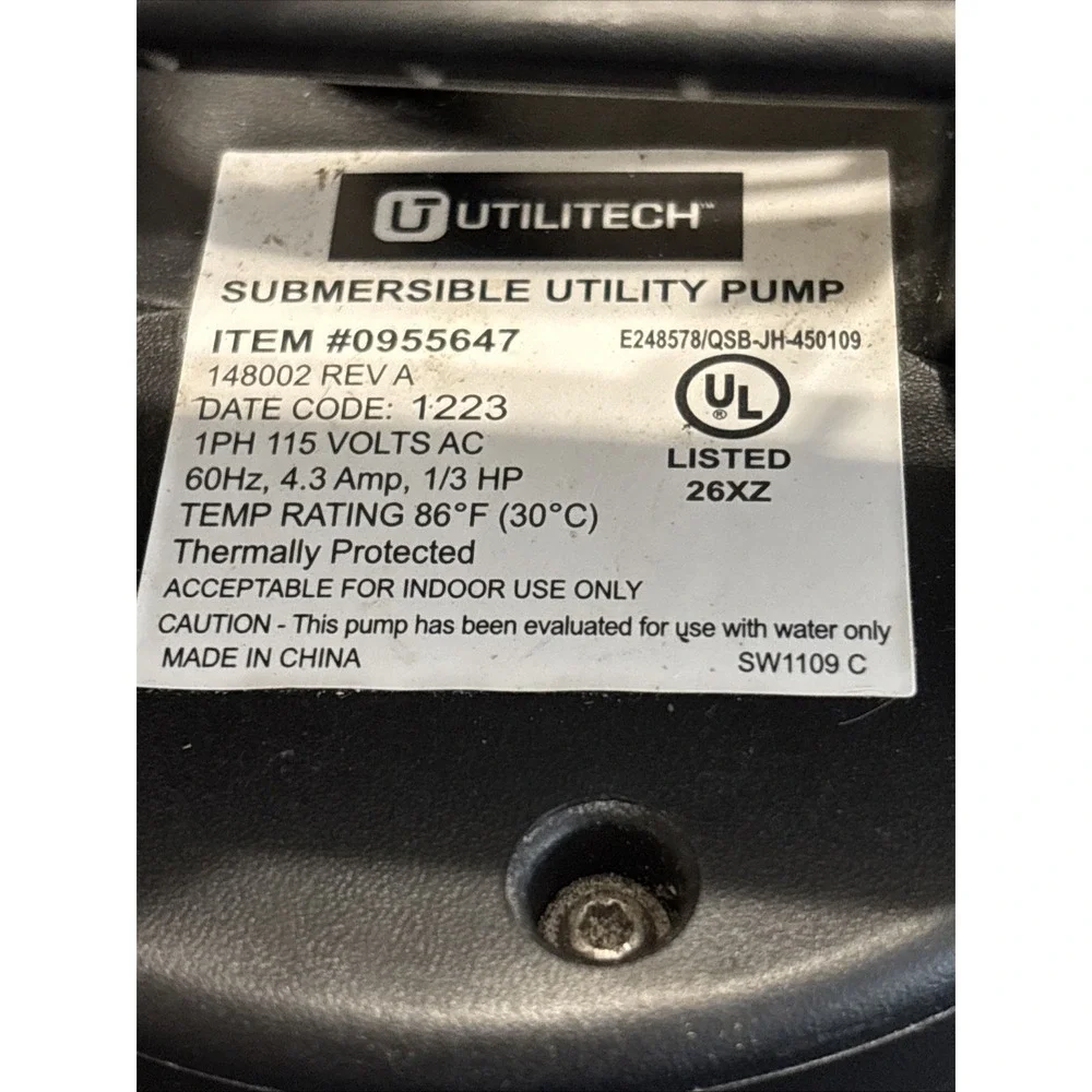 Utilitech 1/3 HP Submersible Utility Pump 30 GPM 115V Model 0955647